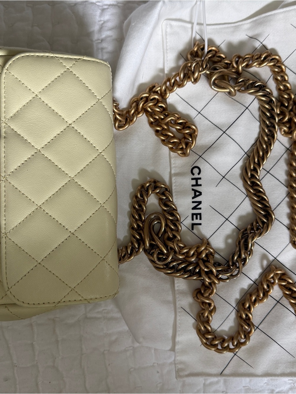 CHANEL Quilted Lambskin Chain Crossbody - Pale Yellow with Antiqued Gold Chain